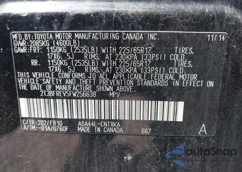 2015 Toyota Rav4 Le из США, поврежденный, VIN 2T3BFREV5FW256638